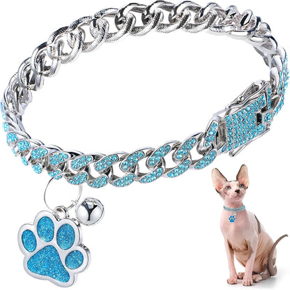 Hillban Cat Collar Diamond Chain Glitter Collar Walking Metal with Secure Buckle Cat Pet Necklace with Paw Charm and ID Tag Bell Link Cuban Jewelry Accessories Gift(10 Inch,Gold) - Image 10