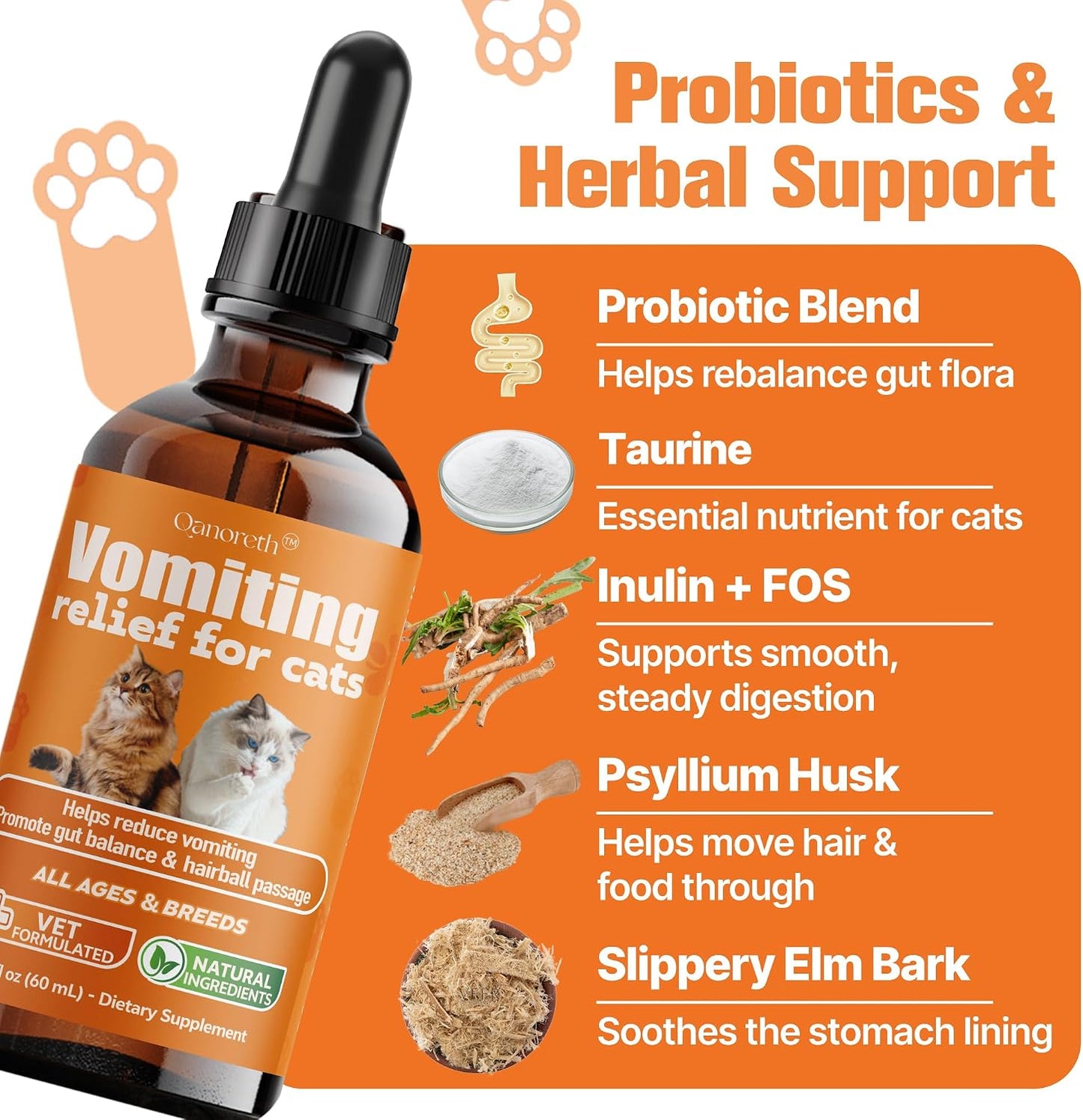 Close up of Qanoreth feline indigestion and vomit relief packaging