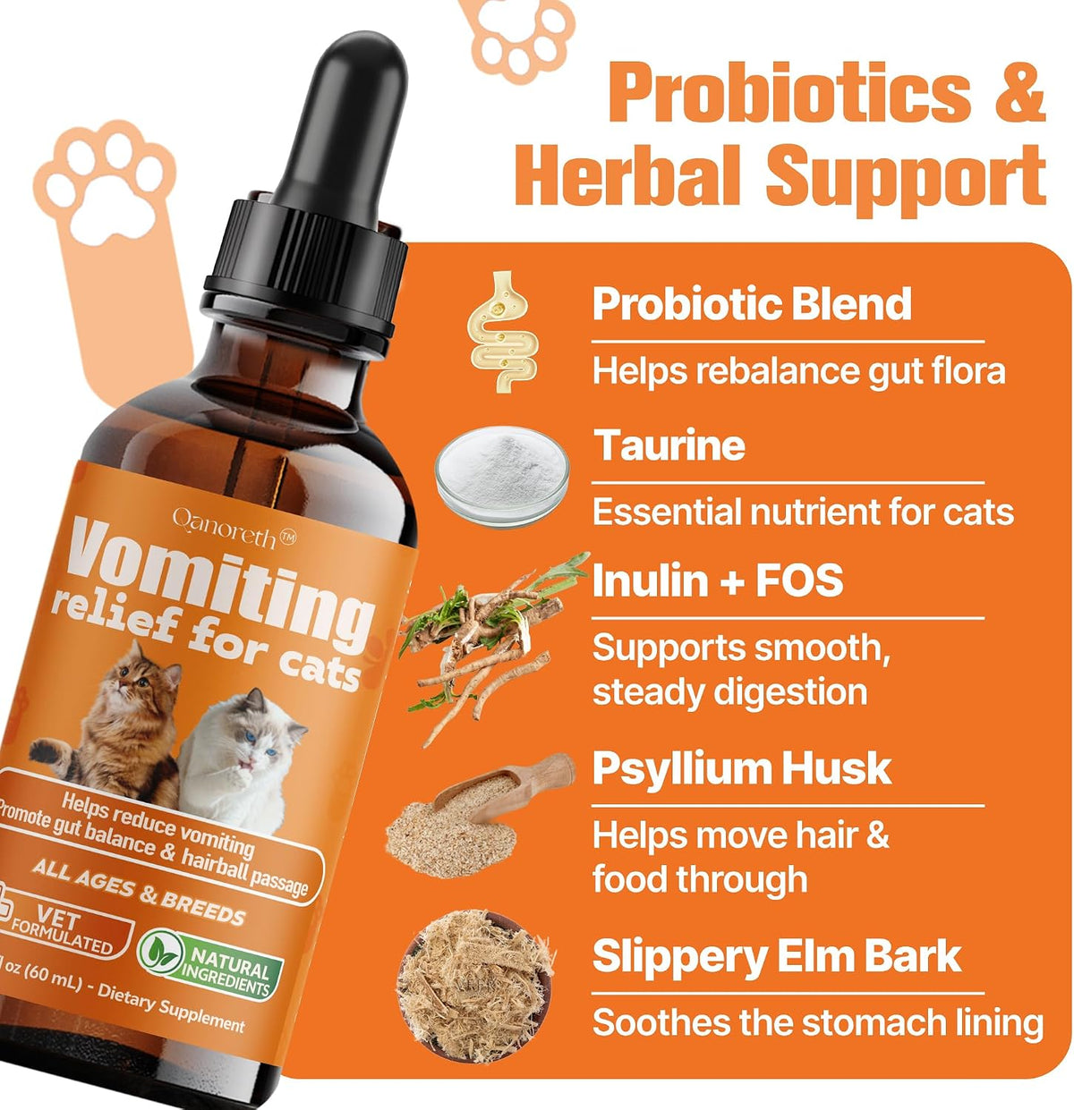 Close up of Qanoreth feline indigestion and vomit relief packaging
