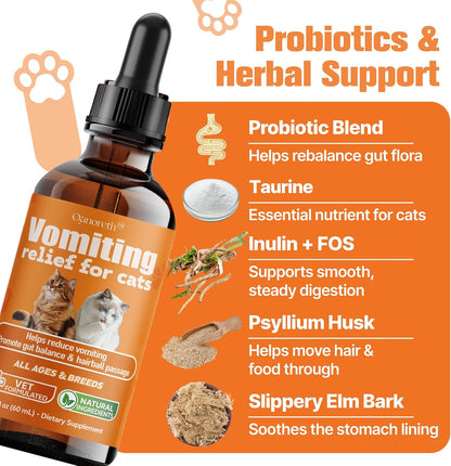 Close up of Qanoreth feline indigestion and vomit relief packaging