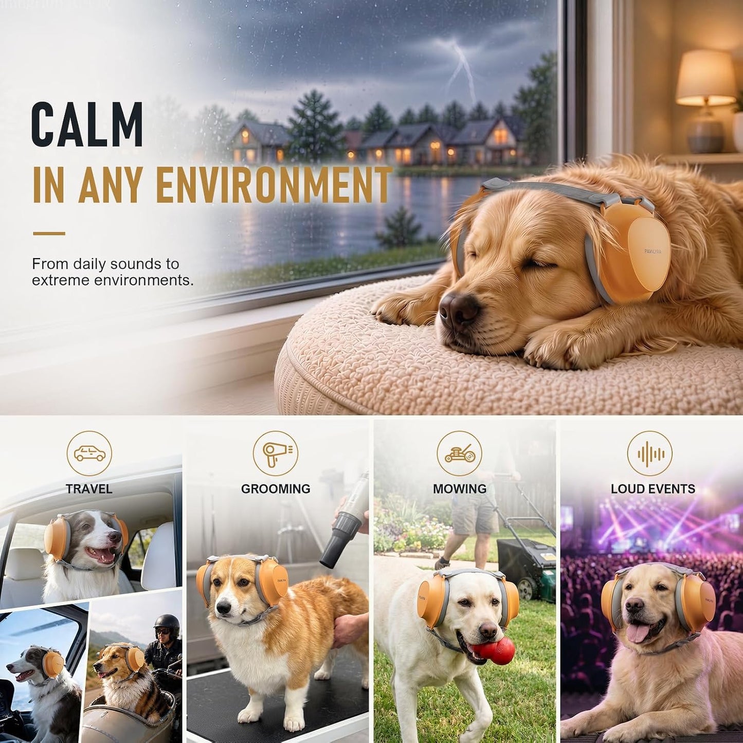 Anxiety reduction ear muffs for dogs by Pawlyra displaying the breathable fabric ear cushions.