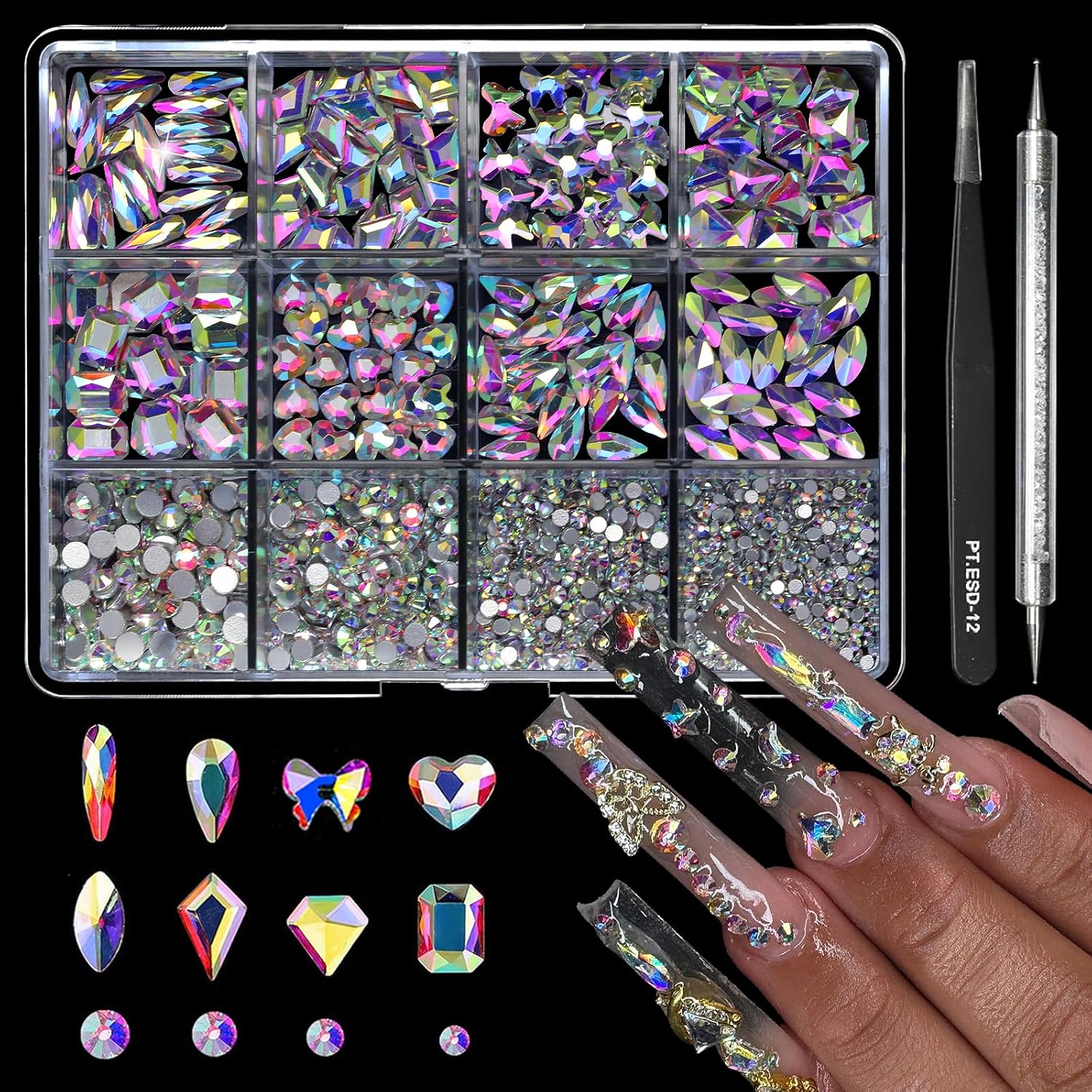 Belleboost Crystal AB nail art rhinestones kit front view with tools