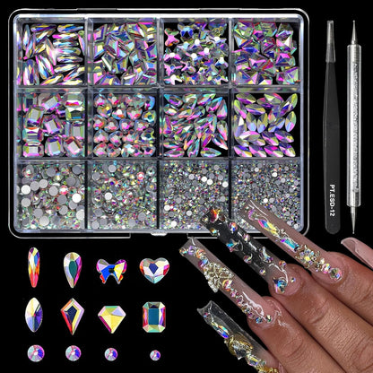 Belleboost Crystal AB nail art rhinestones kit front view with tools