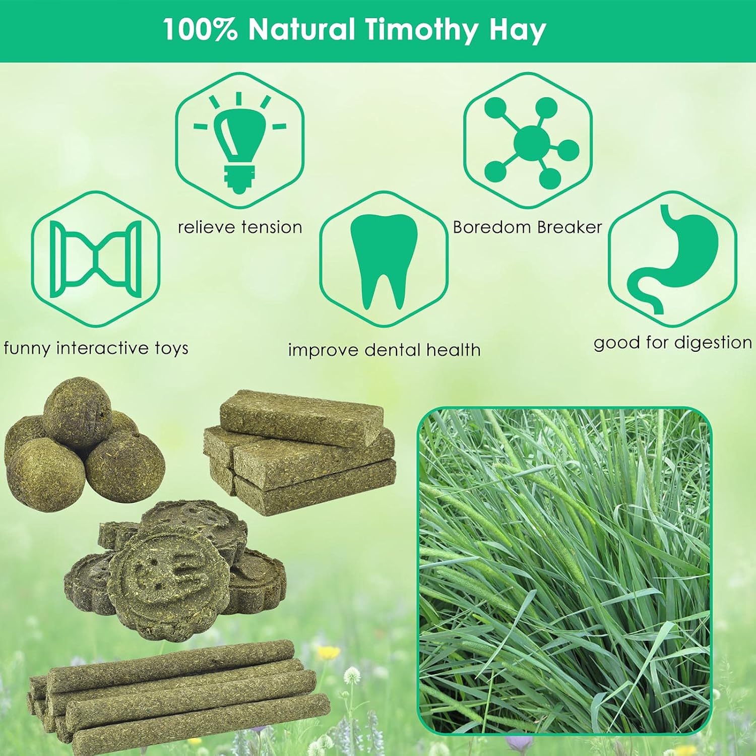 Small rabbit next to ERKOON natural grass treats illustrating size comparison for small pets