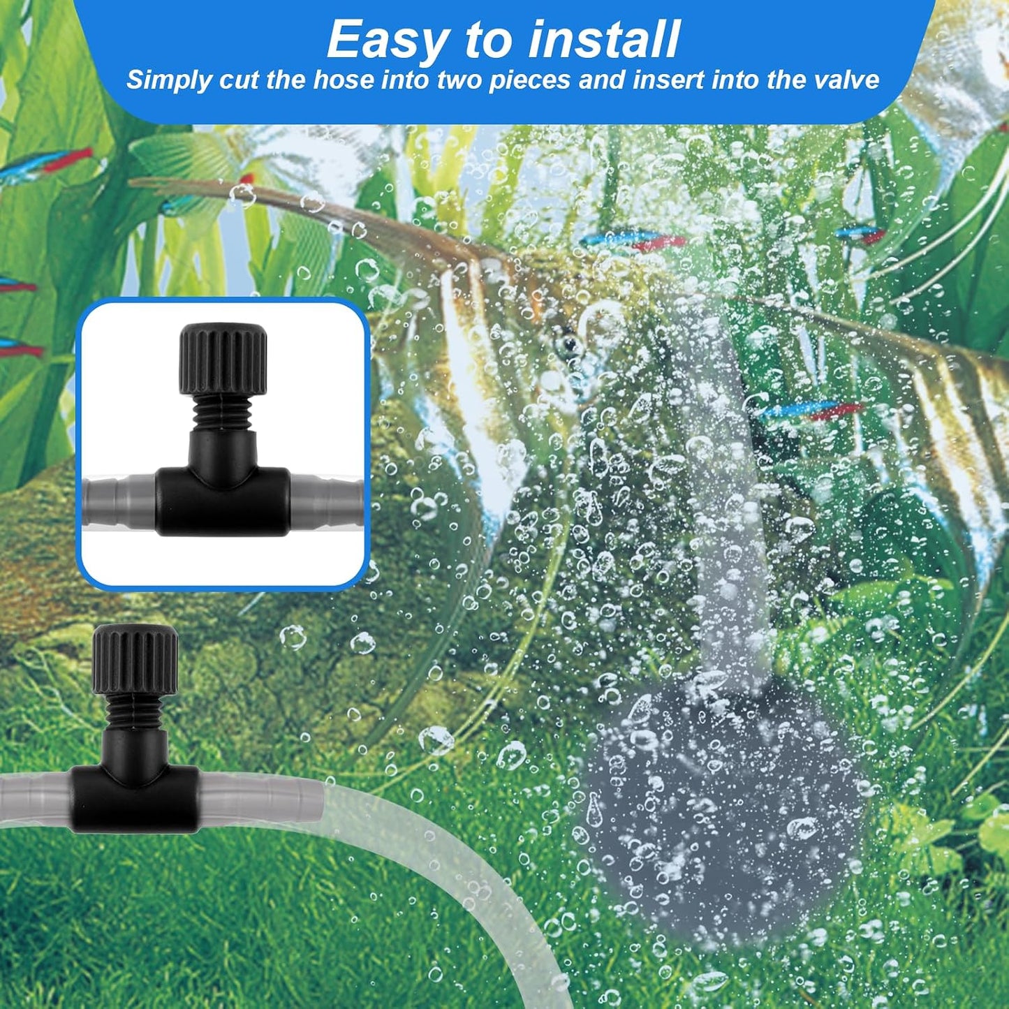 Inline placement of the fish tank air flow control regulator inside a modern aquarium setup.