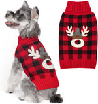 KYEESE Dog Christmas Sweater front view showing reindeer pattern on red buffalo plaid