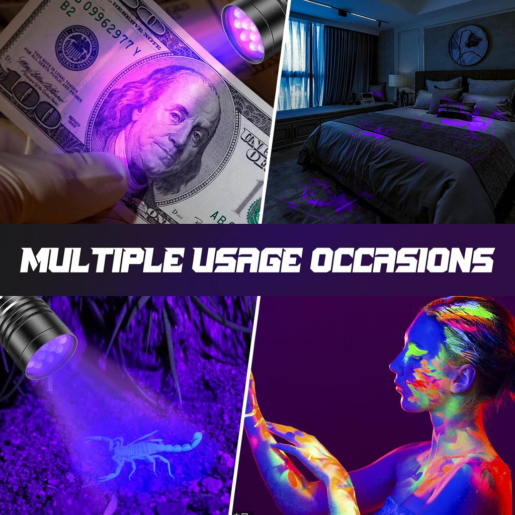 Premium aluminum alloy waterproof ultraviolet flashlight with wrist strap attached.
