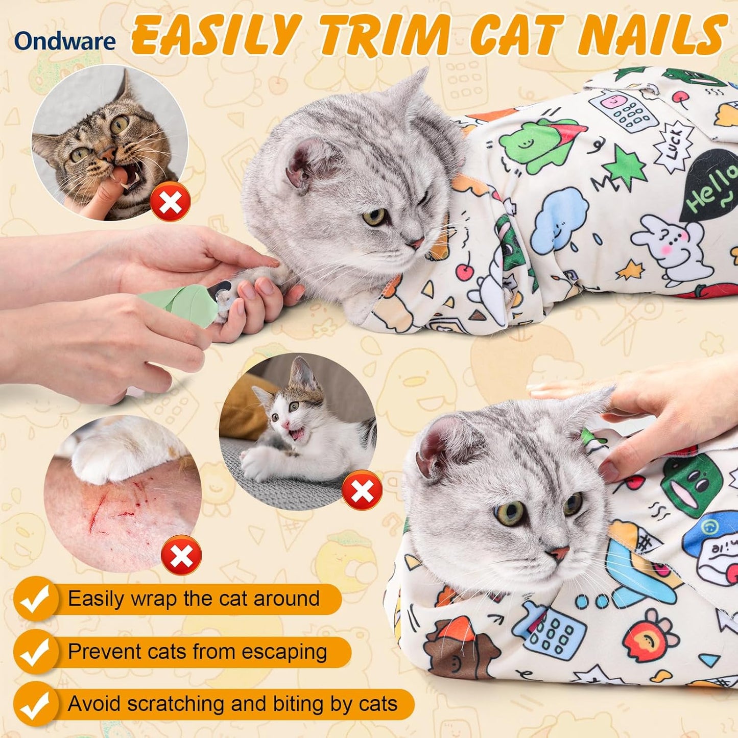 Anti escape cat restraint swaddle being adjusted around an adult cat.