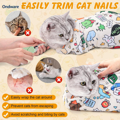 Anti escape cat restraint swaddle being adjusted around an adult cat.