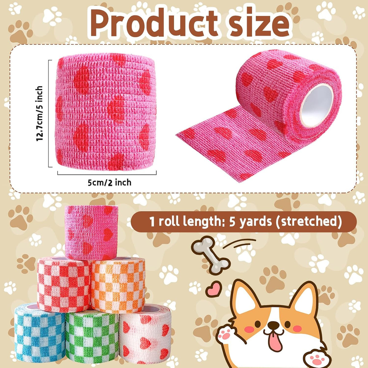 Lypocs cohesive bandage rolls with heart and check patterns