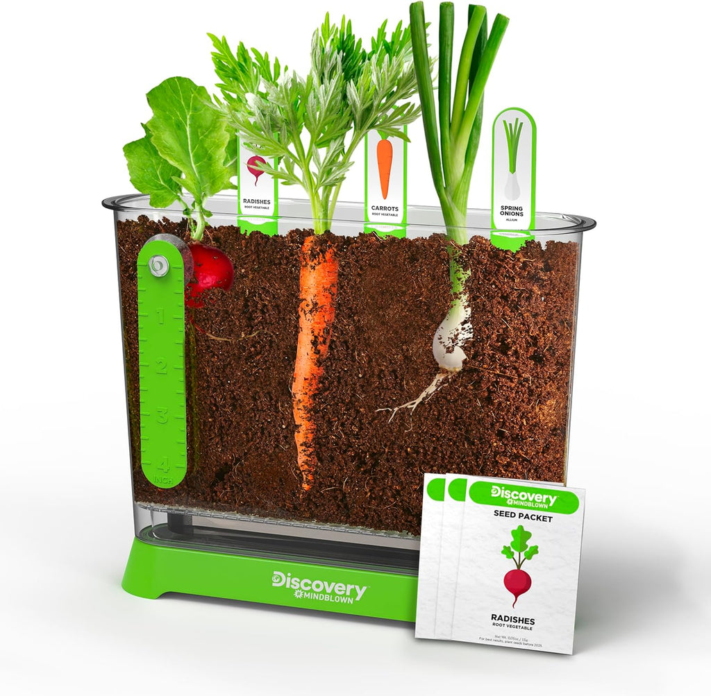 Discovery Kids Edible Veggie Garden Watch It Grow Kit front view packaging showing transparent root viewer