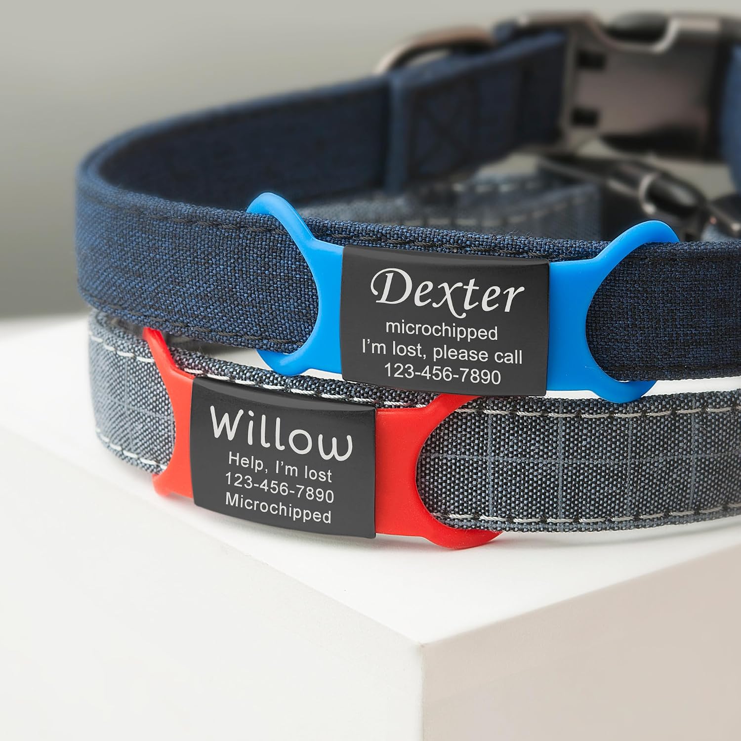 Engraved personalized cat identification tag close up