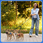 Sunnymove 3 piece pet walking set packaging layout containing one dual leash and two adjustable medium size dog harnesses.