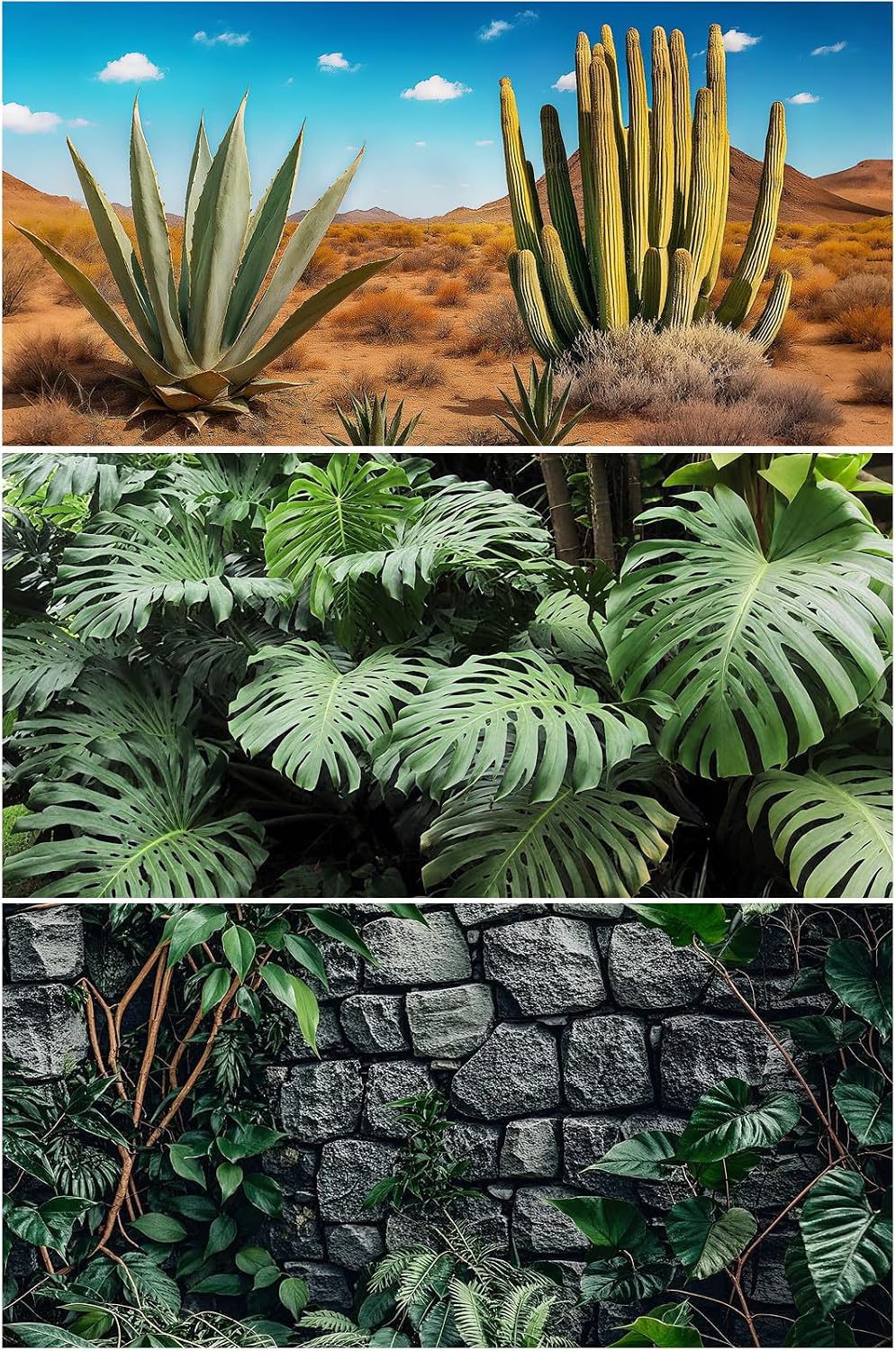 Helidrago 3 Pieces Reptile Background for Terrarium front view displaying vivid desert style cacti scenery.