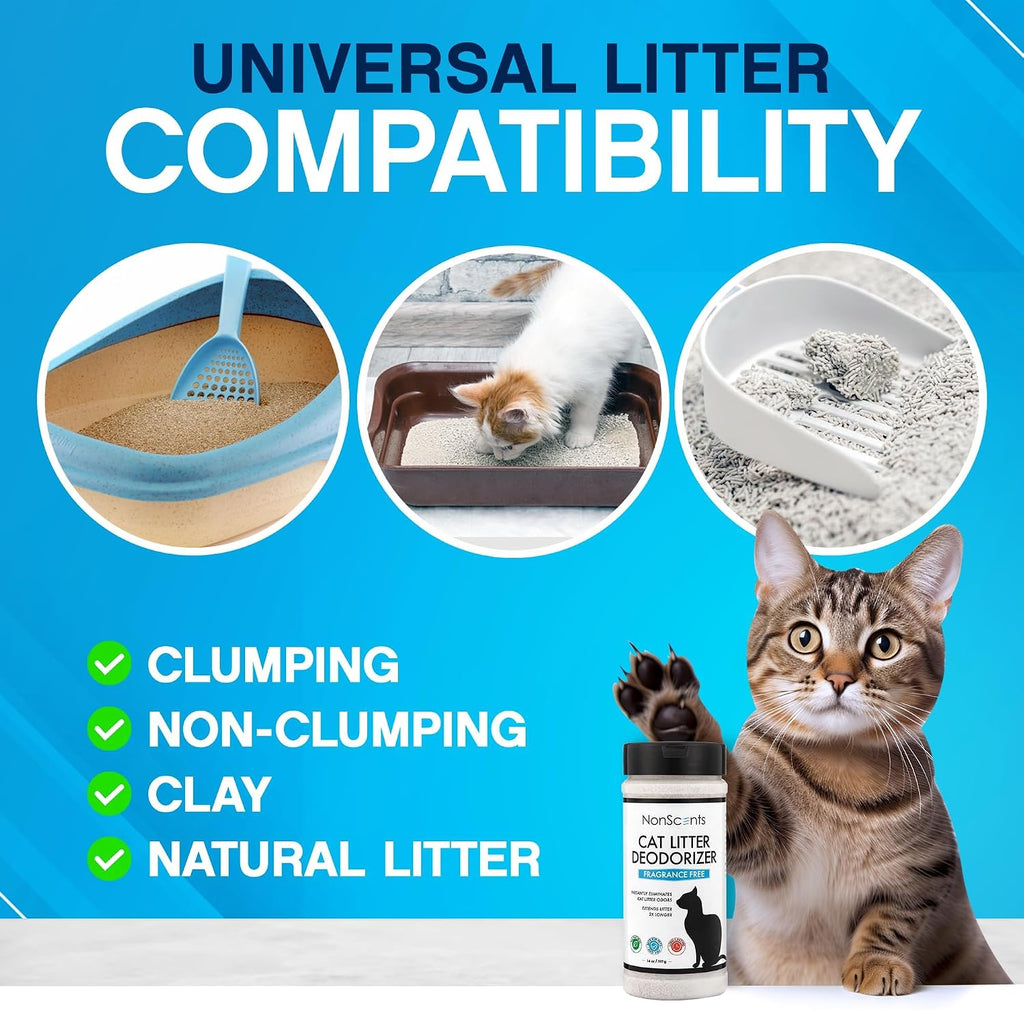 NonScents Pet Safe Odor Control bottle placed next to a cat litter box