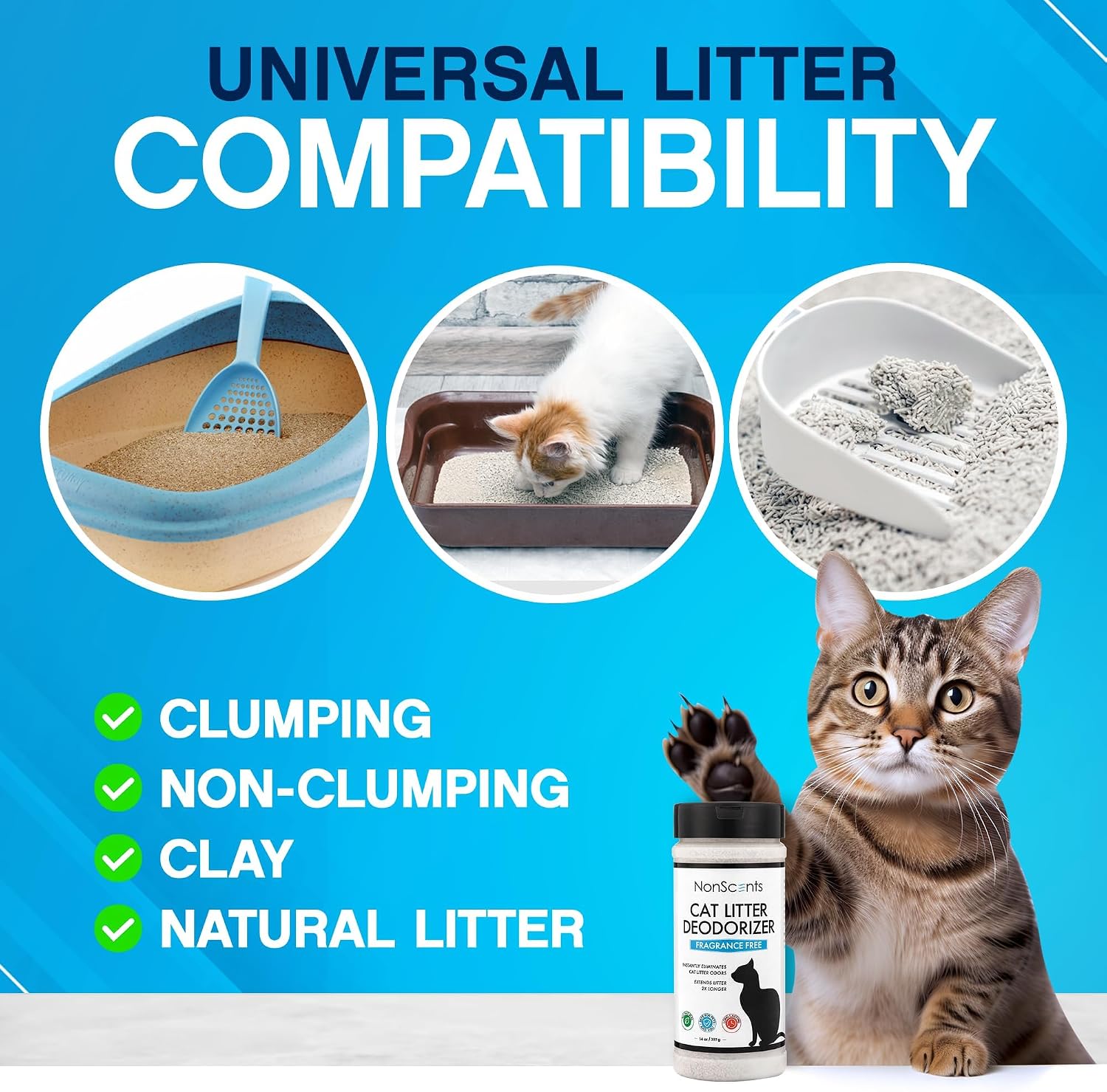 Sprinkling NonScents odor eliminator powder into a clean feline litter tray