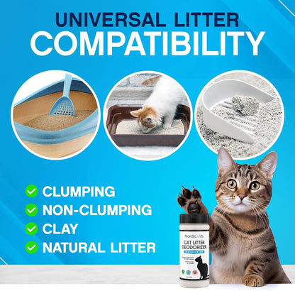 Sprinkling NonScents odor eliminator powder into a clean feline litter tray