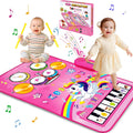 Aitbay 3 in 1 baby musical play mat featuring a bright pink unicorn design with an integrated piano keyboard and drum pads front view