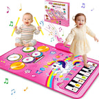 Aitbay 3 in 1 baby musical play mat featuring a bright pink unicorn design with an integrated piano keyboard and drum pads front view