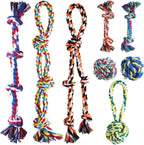 Aitmexcn dog rope toys front view of the complete eight piece heavy duty cotton pet play set.