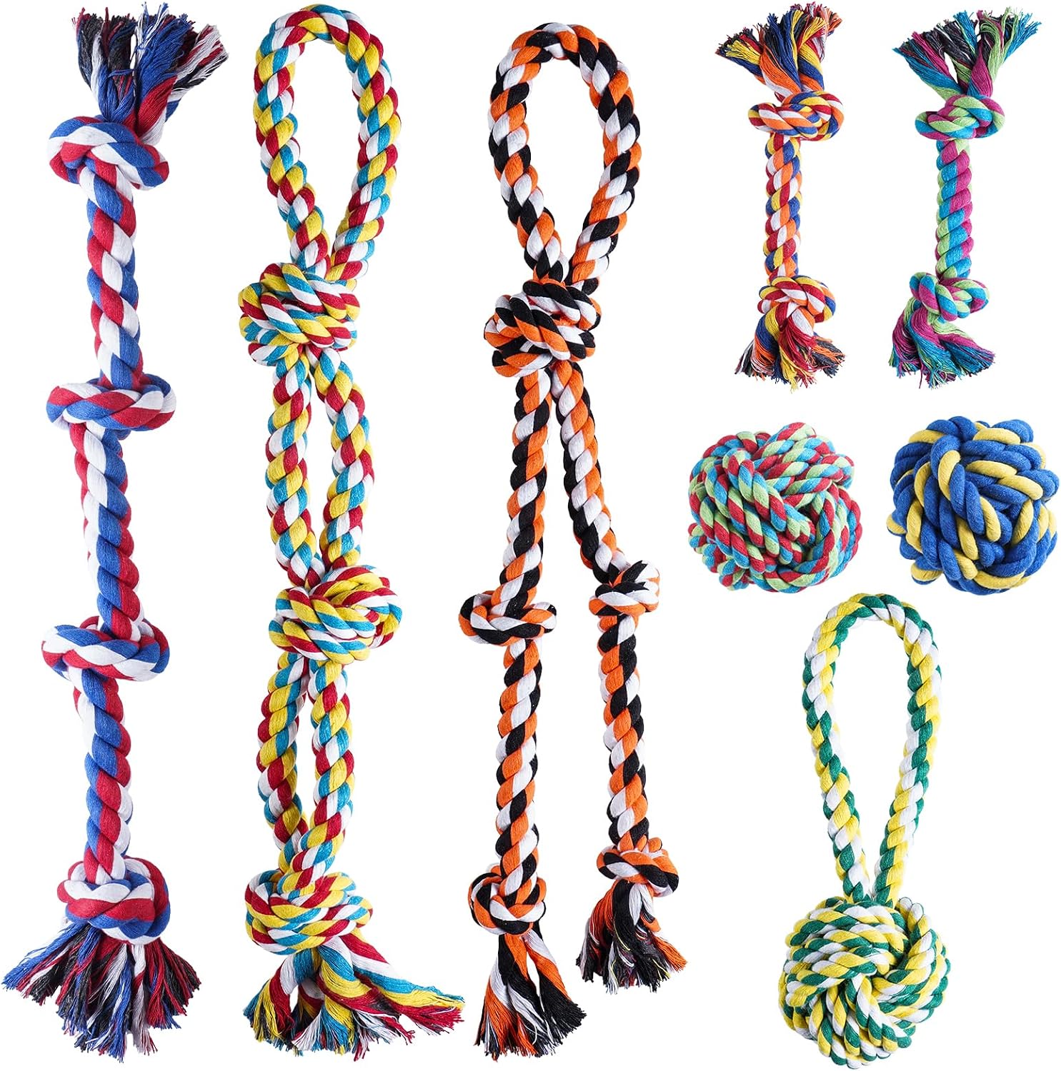 Aitmexcn dog rope toys front view of the complete eight piece heavy duty cotton pet play set.
