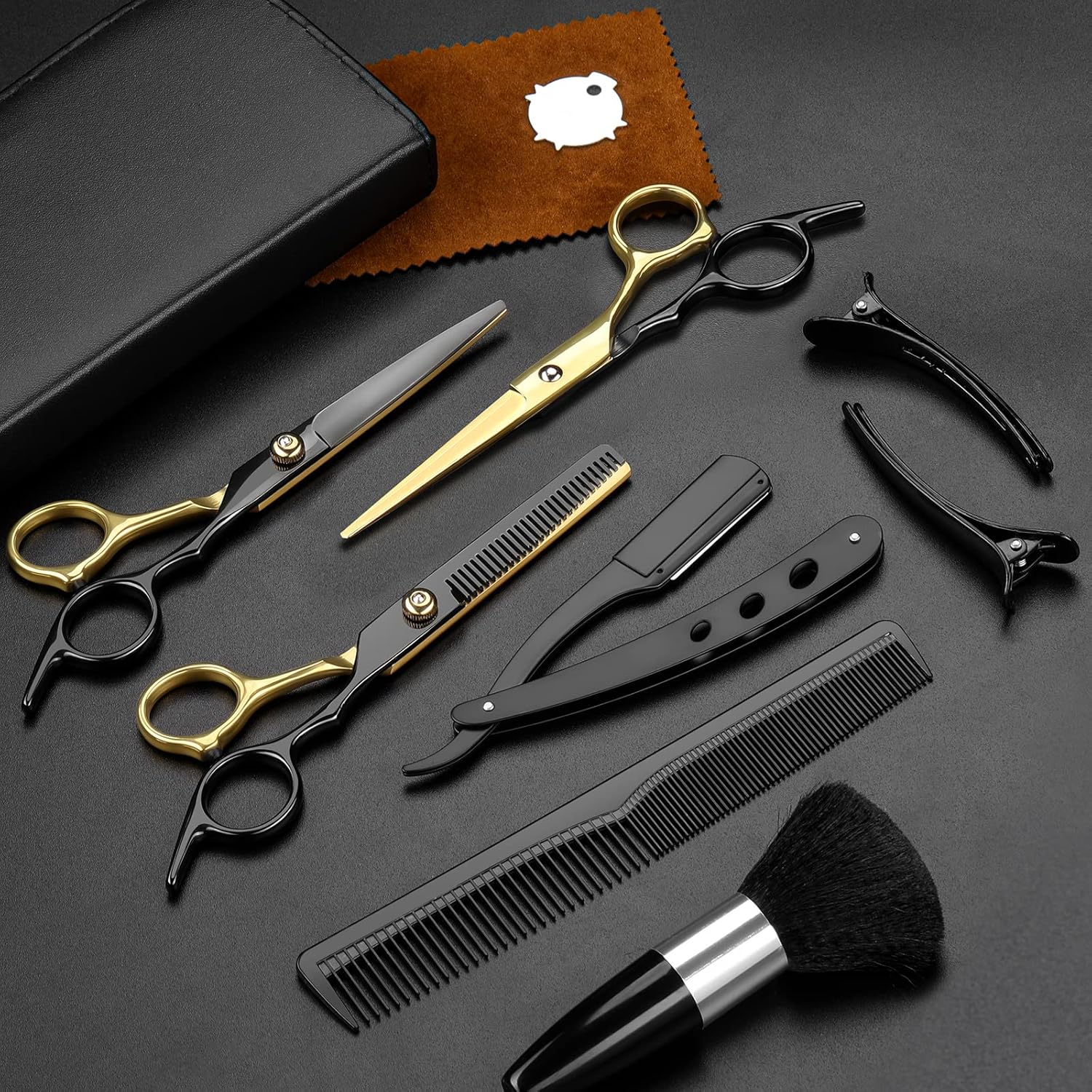 Fetinar professional black gold hair cutting scissors kit front view featuring straight and thinning shears