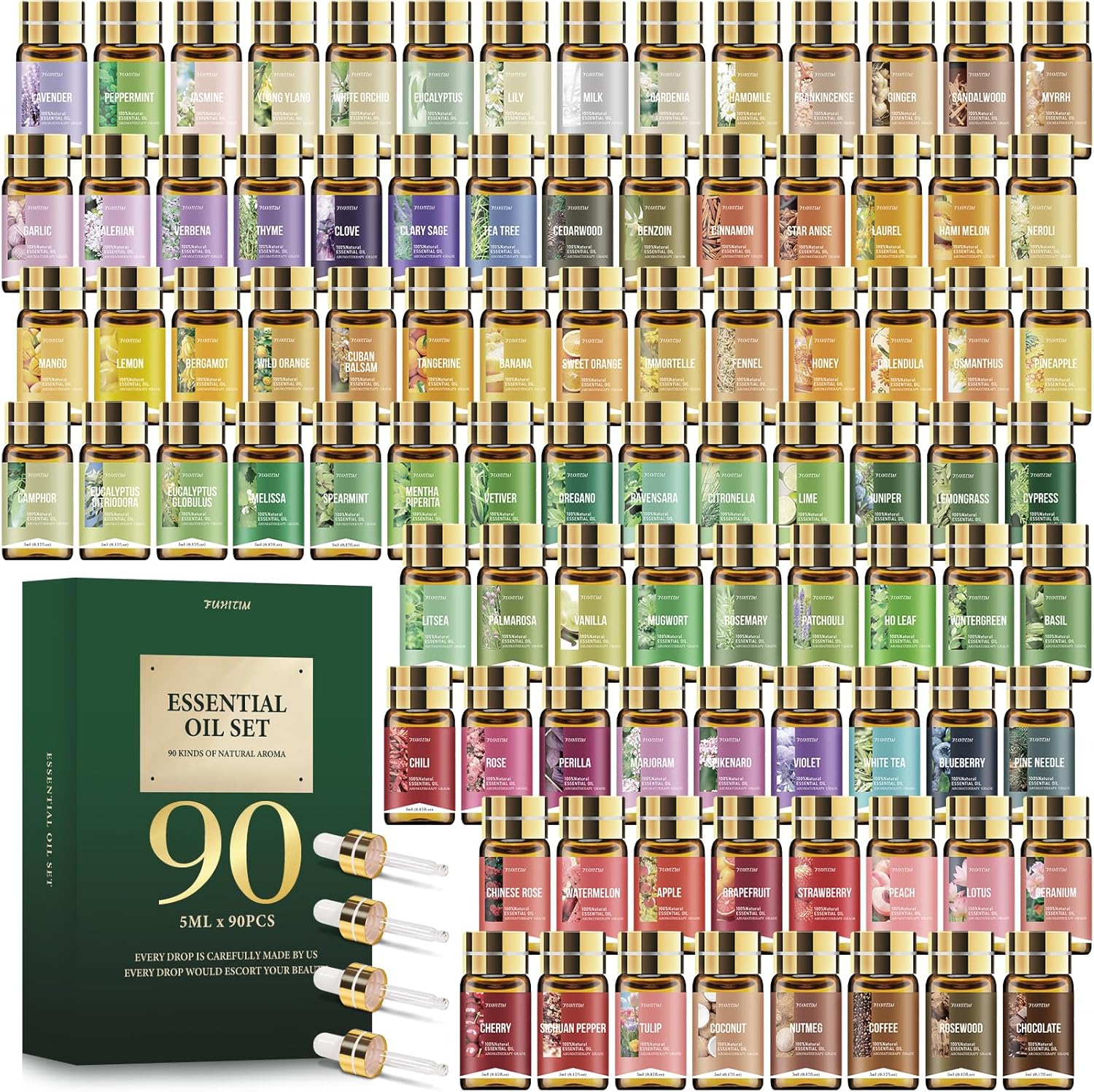 FUHITIM 90 Pieces Essential Oil Set front view showing organized collection box