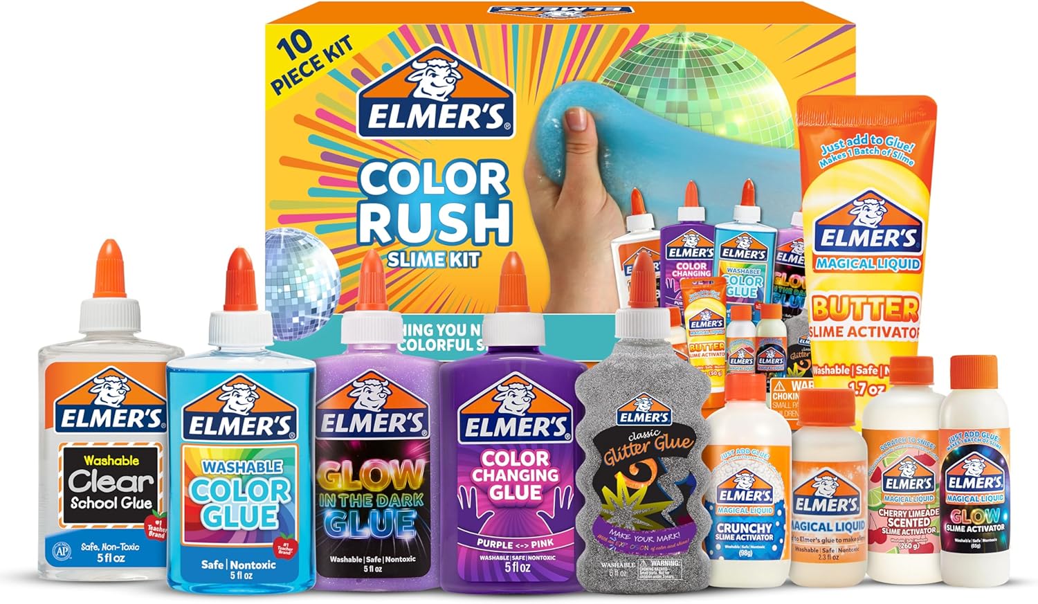 Elmer's Color Rush Slime Kit front packaging view containing ten pieces of craft glue and slime activators