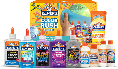 Elmer's Color Rush Slime Kit front packaging view containing ten pieces of craft glue and slime activators