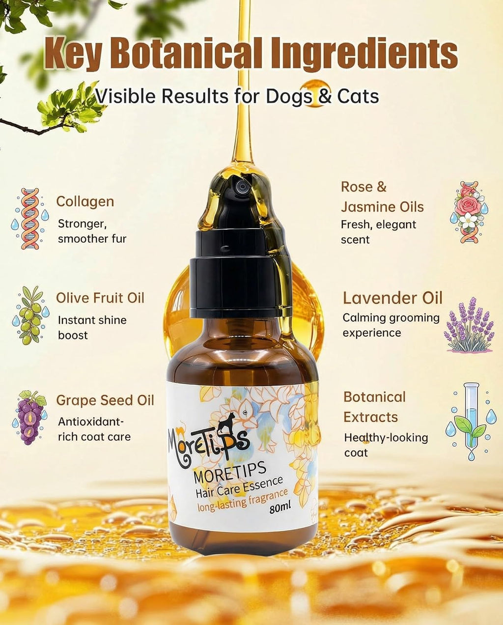 Nourishing pet hair oil for detangling dog coat.