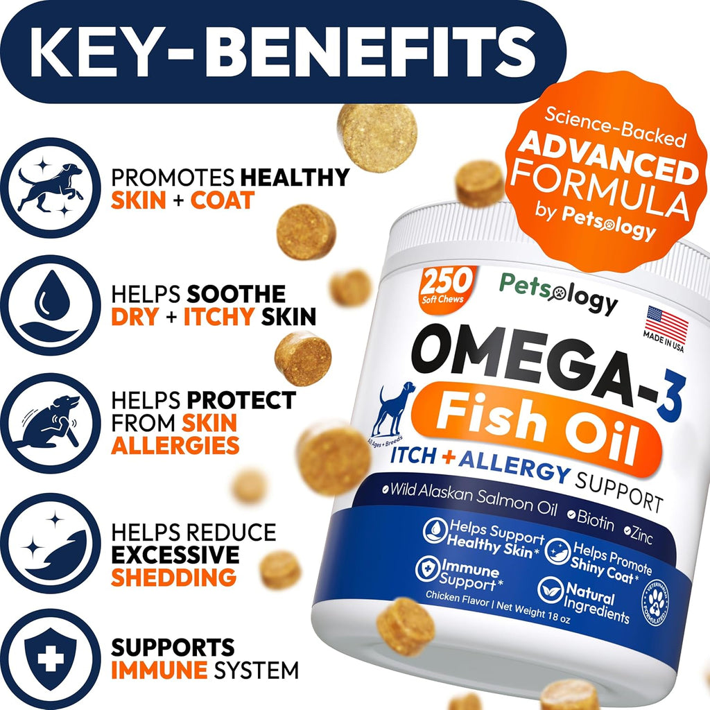 Petsology fish oil chews for dog shedding reduction and hot spot treatment label details.