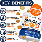Petsology fish oil chews for dog shedding reduction and hot spot treatment label details.