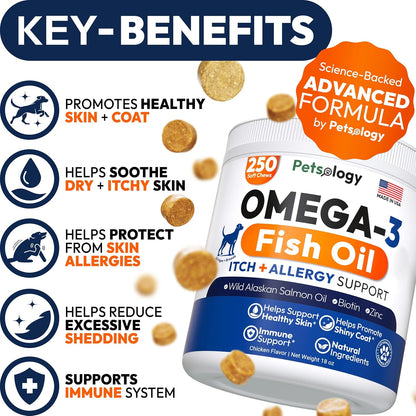 Petsology fish oil chews for dog shedding reduction and hot spot treatment label details.