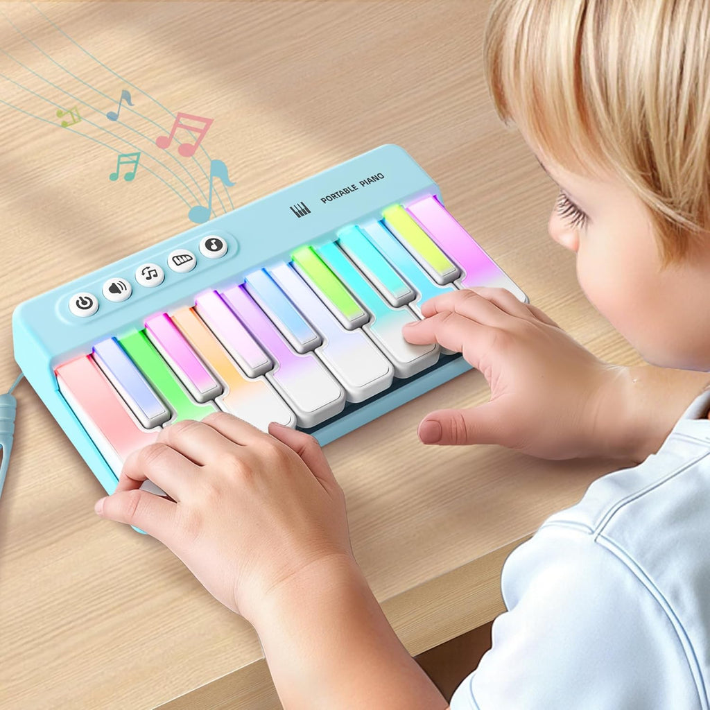 iPlay, iLearn Kids Mini Piano Toy in blue front view showing 15 interactive keys.
