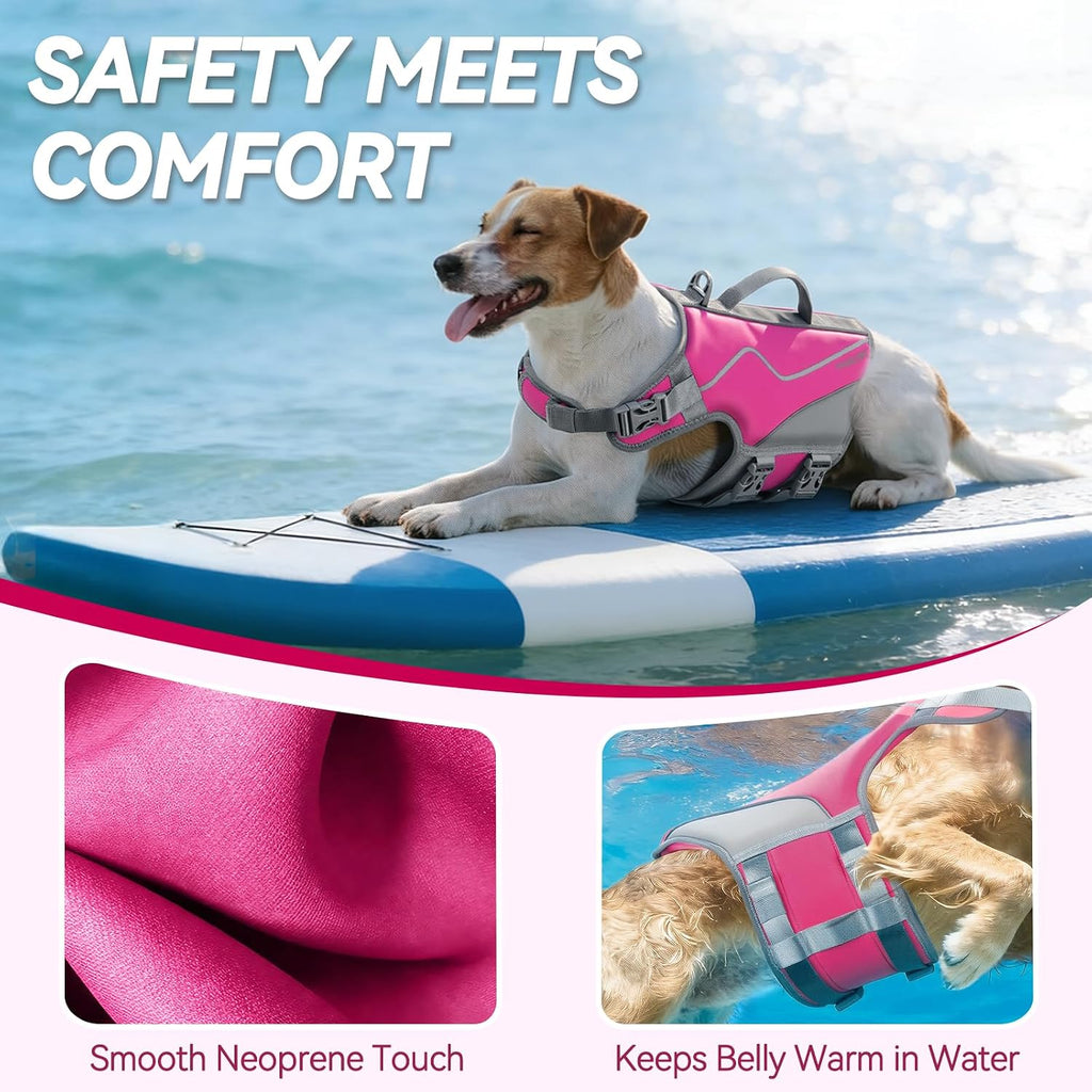 Vivaglory dog life jacket side profile showing thick buoyancy foam panels