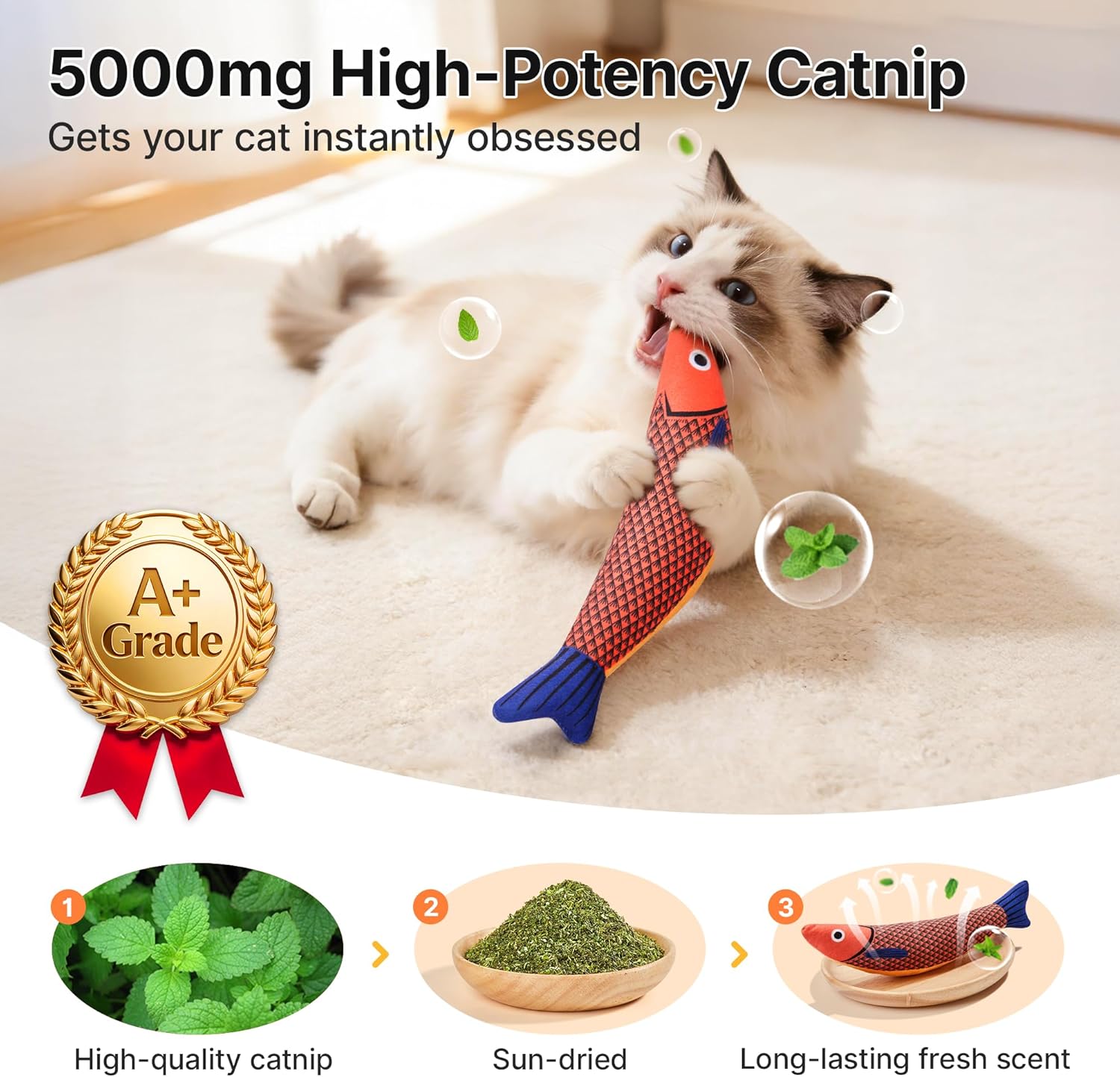 Three colored Potaroma plush fish cat kicker toys
