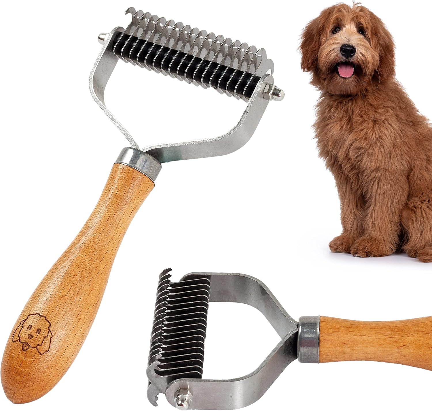 We Love Doodles Pet Dematting Comb front view with wooden handle
