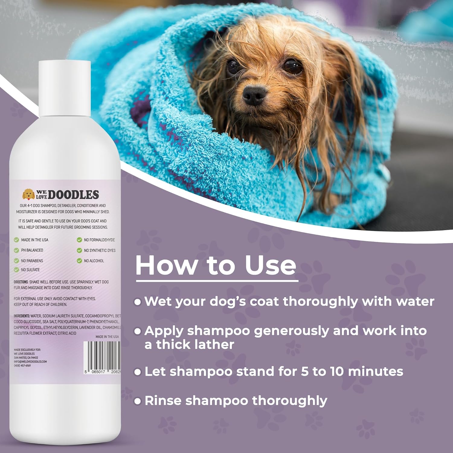 We Love Doodles professional hypoallergenic dog shampoo and conditioner packaging
