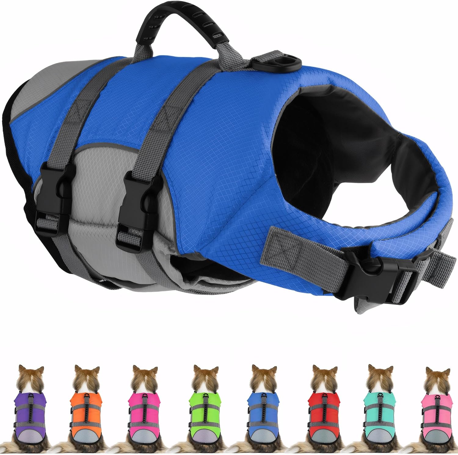 Mklhgty floral pink dog life vest back view focusing on the durable double stitching.