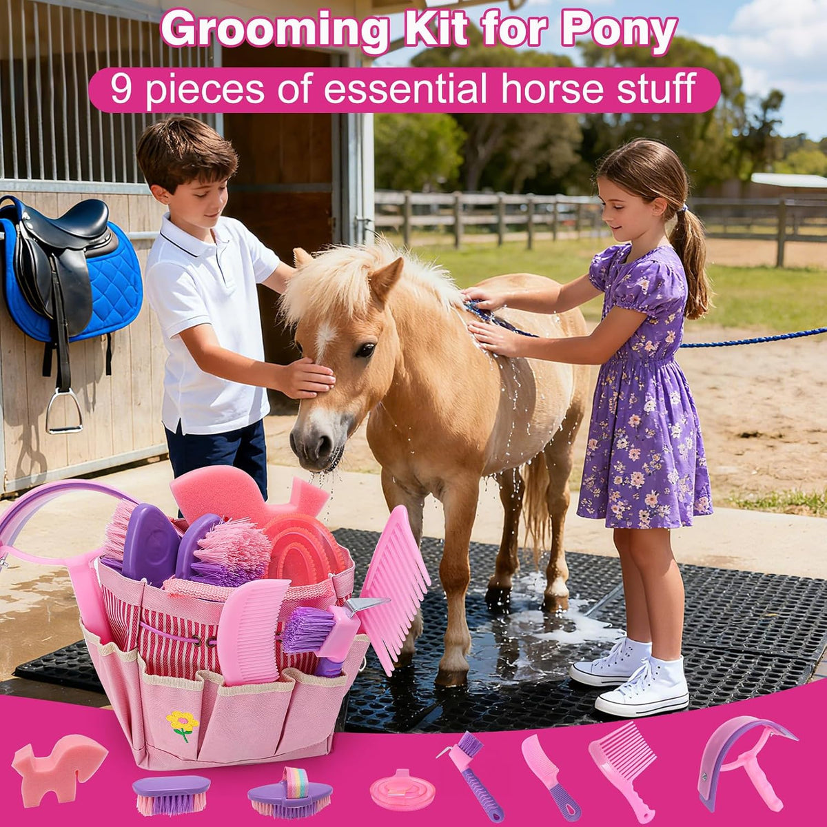 Cunhill professional equine coat care kit with hard and soft bristle brushes displayed