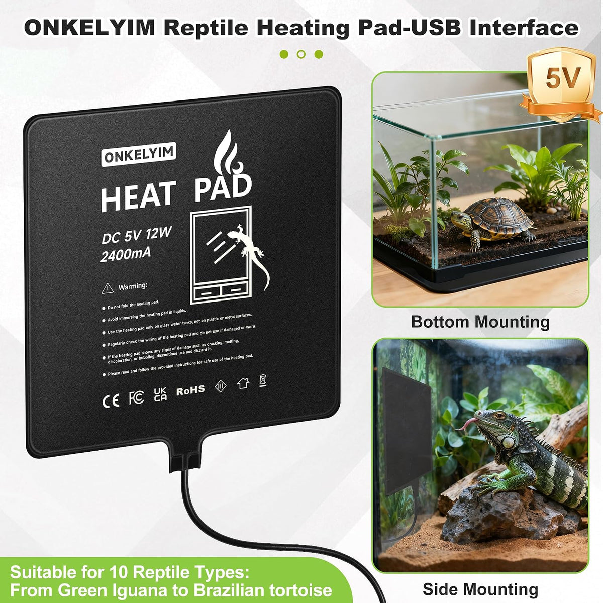 Under tank installation of the ONKELYIM twelve watt terrarium heating mat beneath a glass reptile enclosure.