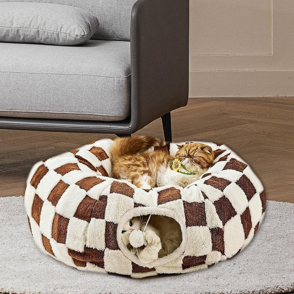 DFENGDF donut cave tube toy configured in an S-shape with kitten playing inside