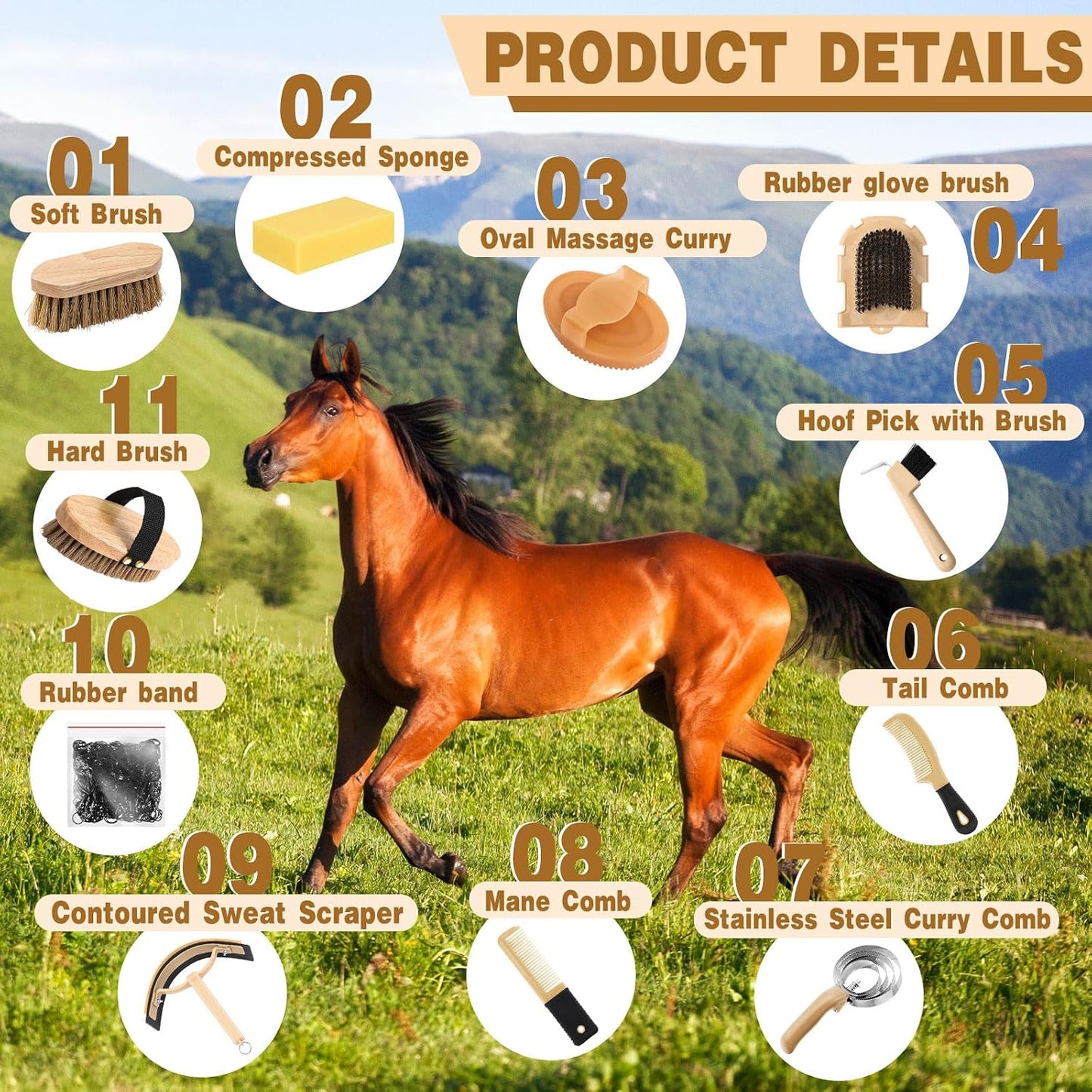 Abbylike horse grooming kit showing hoof pick and sweat scraper