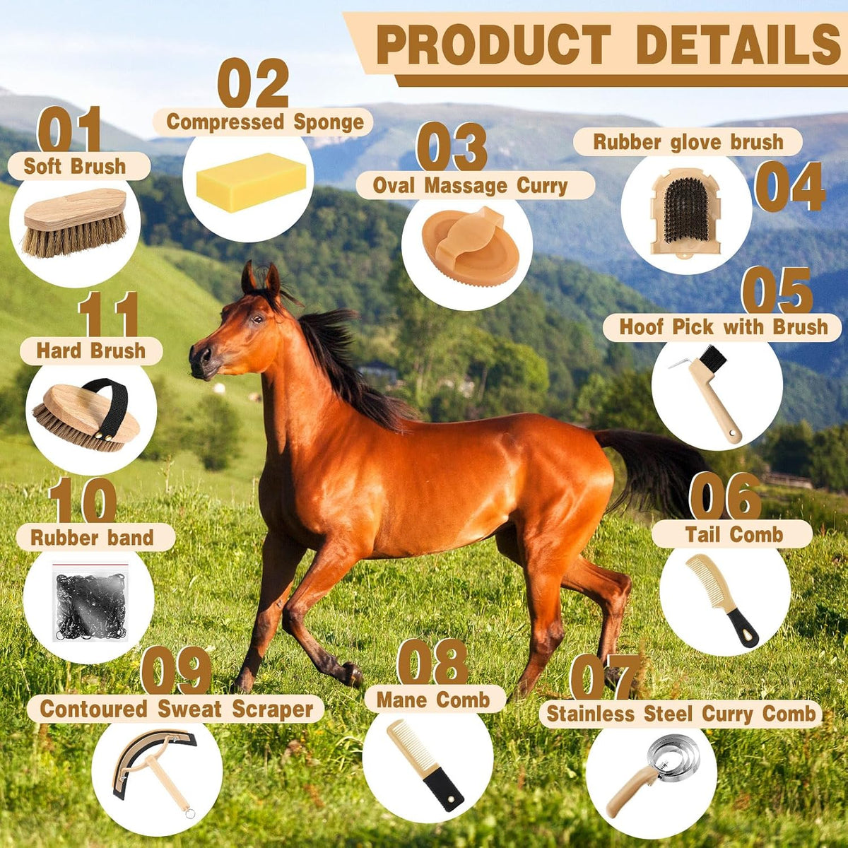 Abbylike horse grooming kit showing hoof pick and sweat scraper