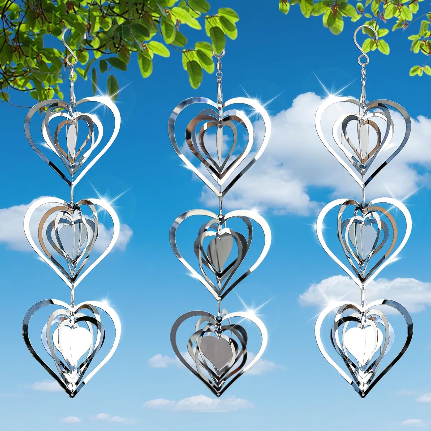 Delavida stainless steel heart bird scare spinners front view