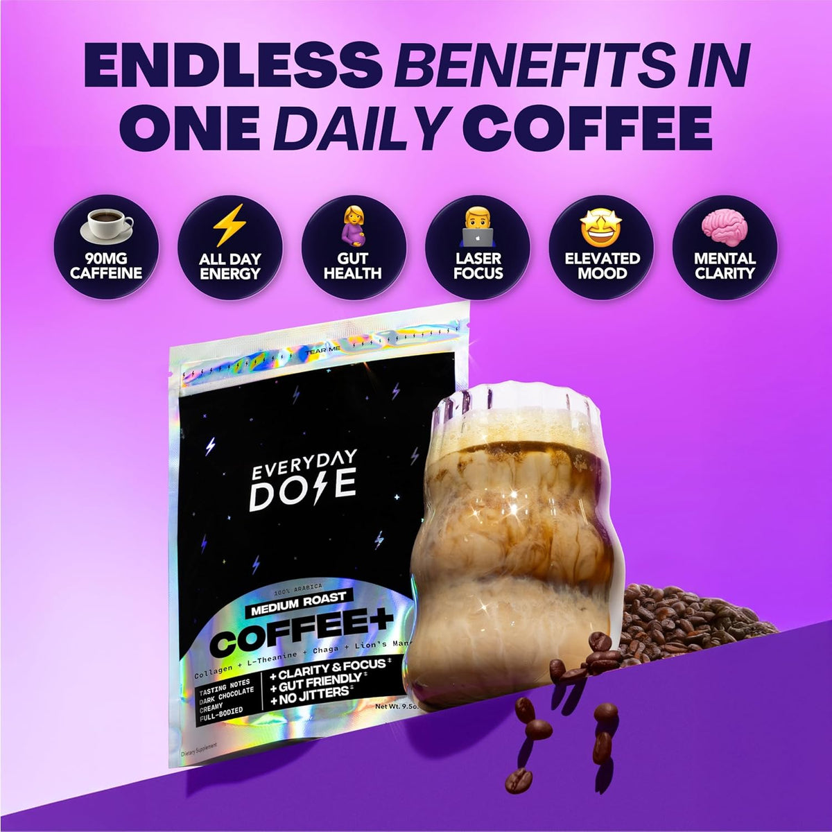 Everyday Dose Bold Medium Roast Mushroom Coffee 90mg Caffeine per serving with Grass-Fed Collagen, Chaga, Lions Mane & L-Theanine for Better Focus, Energy, Digestion, Skin, and Immunity 30 Servings - Image 5