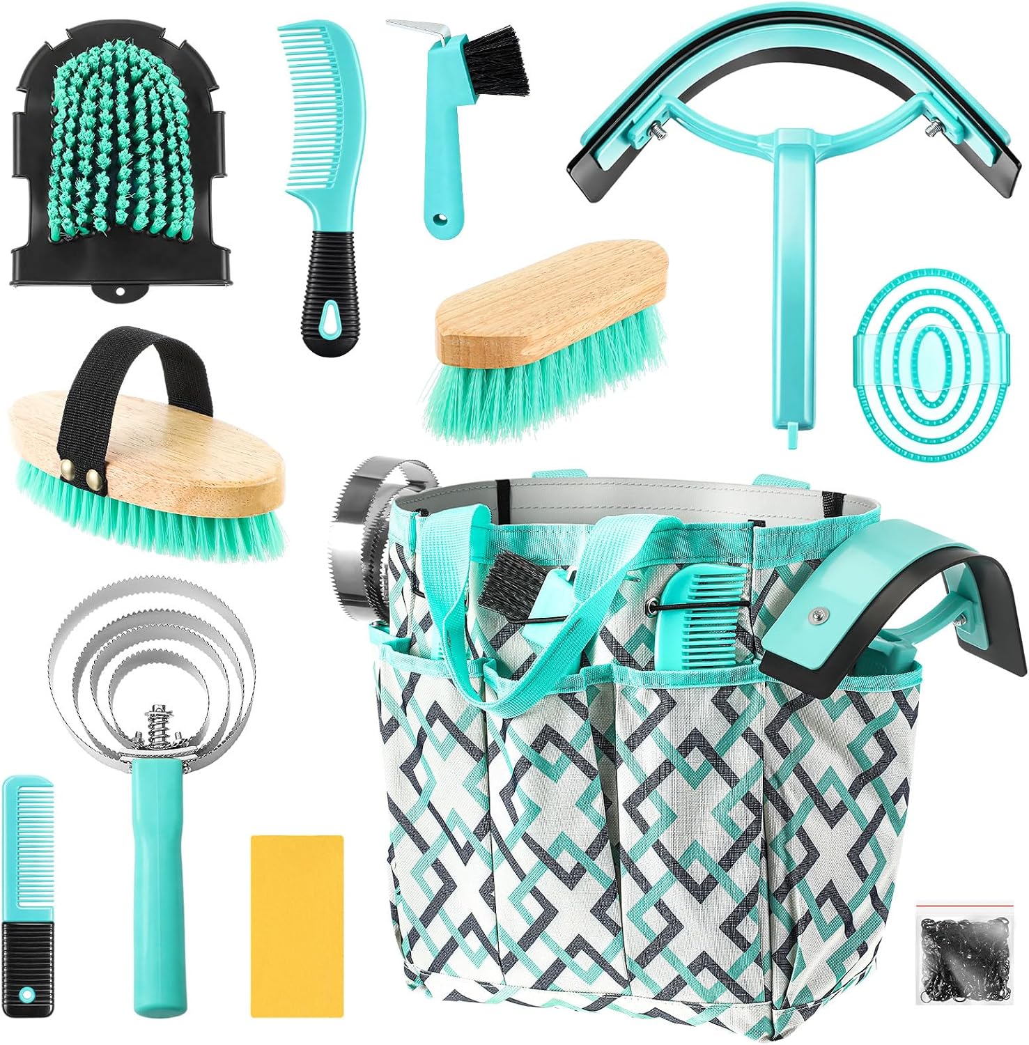 Abbylike 12 Piece Horse Grooming Kit with Organizer Tote Bag Brush Sets for Derby Day Show Horses Professional Tools for Care & Massage(Khaki and Green) - Image 14