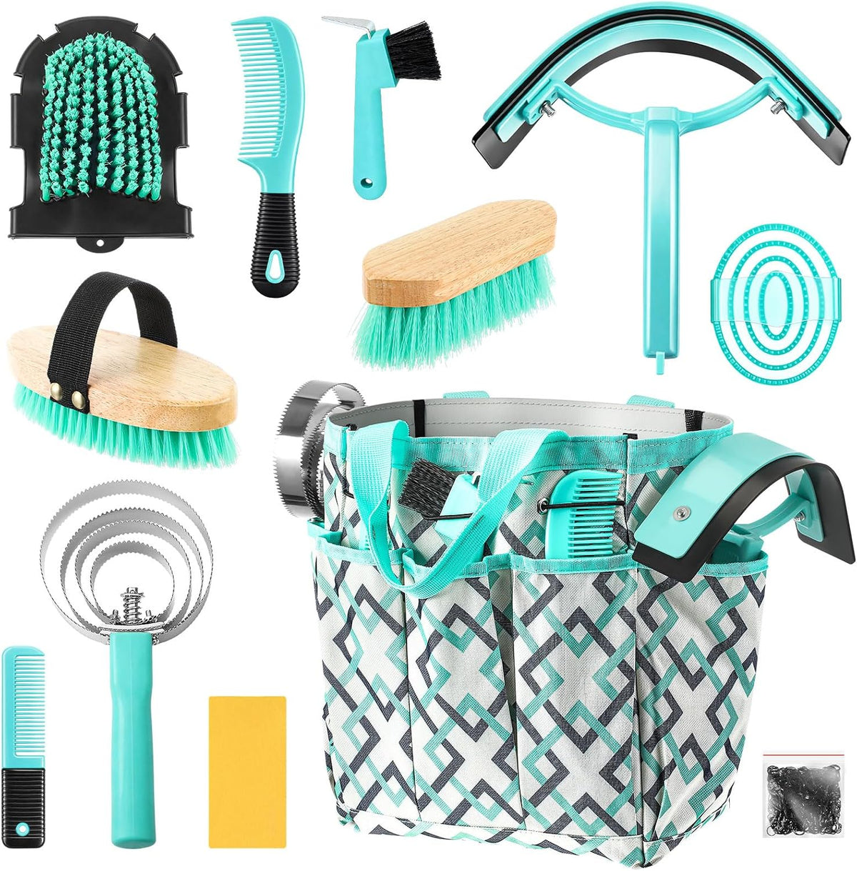 Abbylike 12 Piece Horse Grooming Kit with Organizer Tote Bag Brush Sets for Derby Day Show Horses Professional Tools for Care & Massage(Khaki and Green) - Image 14