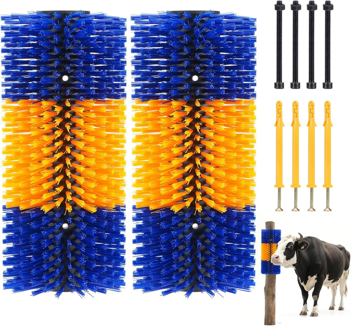 Uross livestock scratching brush front view showing yellow and blue nylon bristles