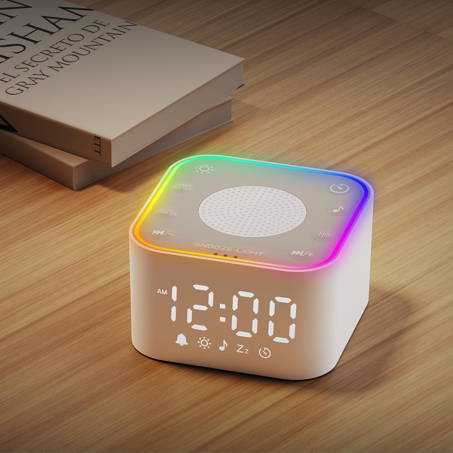 Wkzay white noise sound machine front view showing digital alarm clock display and control buttons.